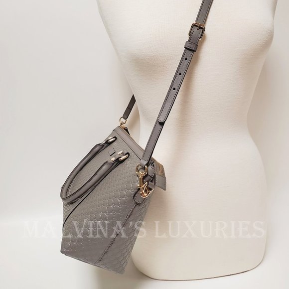 GUCCI BAG 449656 GRAY MICROGUCCISSIMA GG LOGO LEATHER TOTE w STRAP MEDIUM - Picture 6 of 16